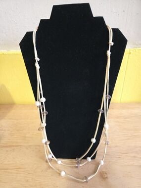 Beaded Multi-Strand Beige Necklace with White and Bronze Accents
